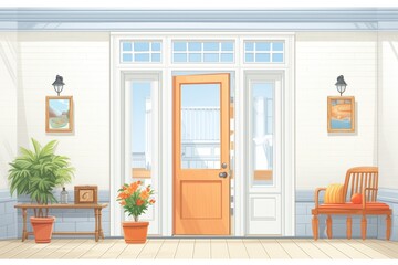 central door of a coastal colonial house, a classic white setup, magazine style illustration