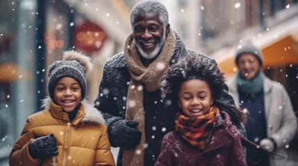 Smiles abound as a family embraces the joy of the holiday season while exploring a winter wonderland in the city. - obrazy, fototapety, plakaty