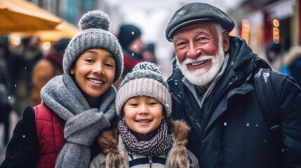 Fototapeta premium Faces light up with joy as a family explores the Christmas market on a winter day.