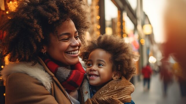 A mother shares moments of joy while strolling through the enchanting Christmas market on a winter day. - Powered by Adobe