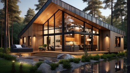 Obraz premium Modern small wooden house in the Scandinavian style AI generated illustration