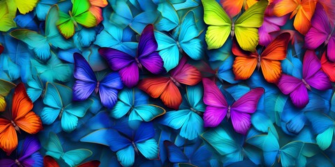 Fototapeta na wymiar Colors of rainbow. Pattern of multicolored butterflies morpho, texture background.