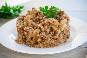 cooked buckwheat boiled with mushroom filling in a plate
