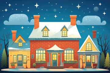 clear night, colonial house with dual chimneys under star-filled sky, magazine style illustration