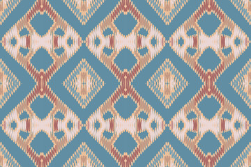 Obraz premium Ethnic ikat tropical traditional pattern folk antique background. Art graphic print design for carpet fabric texture textile wallpaper background backdrop rug.