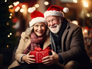 Obraz na płótnie Canvas Smiling happy senior couple in Christmas hats sharing a Christmas gift 