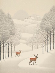 Reindeer Enjoying a Peaceful Walk in a Winter Wonderland with Snow-Covered Trees and Hills