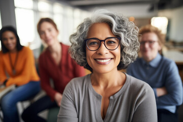 Confident senior business woman standing at workplace with colleagues on background. 