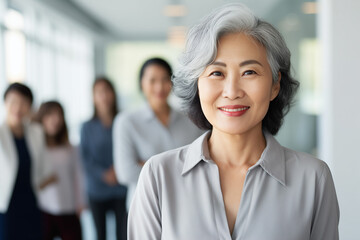 Confident senior business woman standing at workplace with colleagues on background. 