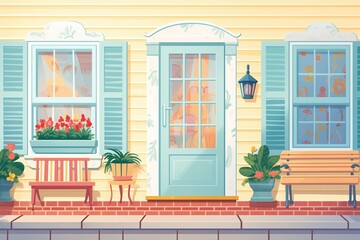side porch of a colonial house with painted window shutters, magazine style illustration