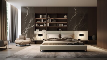 an Italian villa-inspired minimalist bedroom with marble accents and concealed storage in classic wardrobes - obrazy, fototapety, plakaty