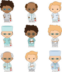 Set Illustrations medical personnel, doctor, nurse, health, medicine. Collection Medical characters. Cute doctors, stomatologs and nurses. Men and women are avatars. Vector flat illu