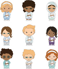 Set Illustrations medical personnel, doctor, nurse, health, medicine. Collection Medical characters. Cute doctors, stomatologs and nurses. Men and women are avatars. Vector flat illu