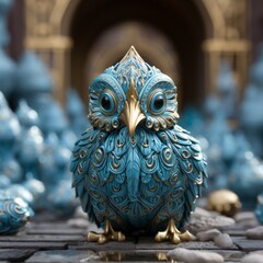 a blue and gold owl statue