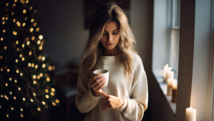 mujer joven sosteniendo en sus manos una taza de café de cerámica blanca junto a un árbol de...
