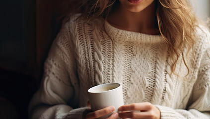 mujer joven sosteniendo en sus manos una taza de café de cerámica blanca, sobre fondo oscuro