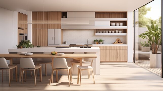 A modern, contemporary kitchen scene showcasing a room filled with white and wood materials, with sleek countertops, stainless steel appliances,