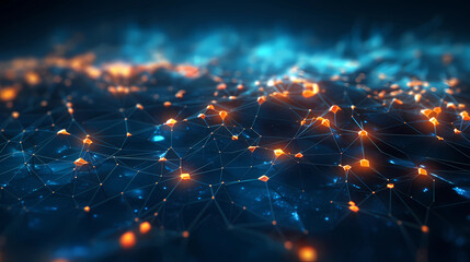 Abstract blue technology background with a cyber network grid and connected particles, teal and orange. Artificial neurons, global data connections - Generated by Generative AI