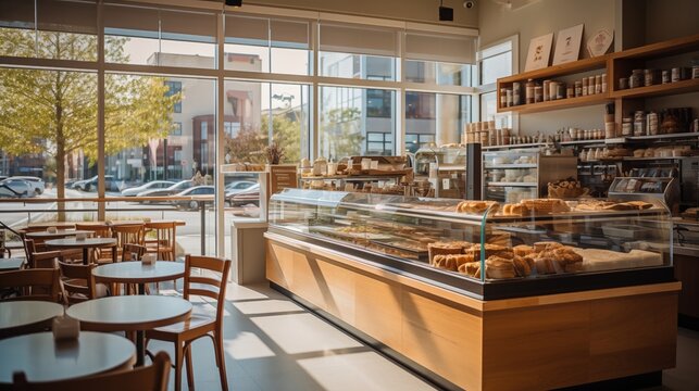 beautifully designed bistro cafe with a clean white counter, a tempting bakery display, and a long wooden counter adorned with high chairs by the window, bathed in the warm, golden morning sunlight