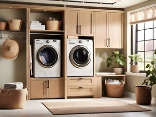 A laundry room with a functional design, featuring a washer, dryer, and plenty of storage space