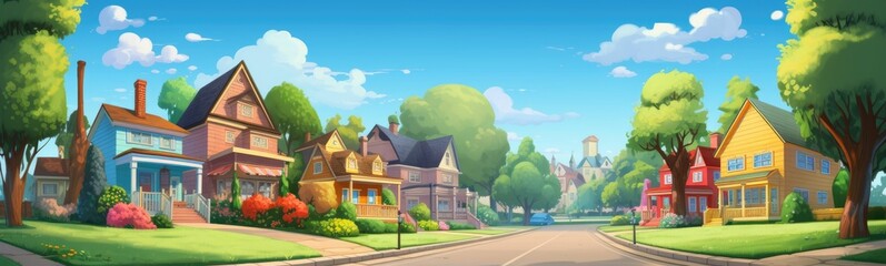 cartoon style house with houses and trees in the town Generative AI