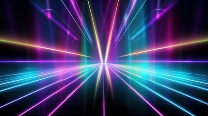 An abstract background featuring neon lights emanating vibrant colors such as green, blue, white, pink, and violet. The lights form glowing perpendicular lines over a shiny, reflecting stage.