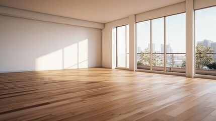Obraz premium Empty living room with hardwood floor in modern apartment