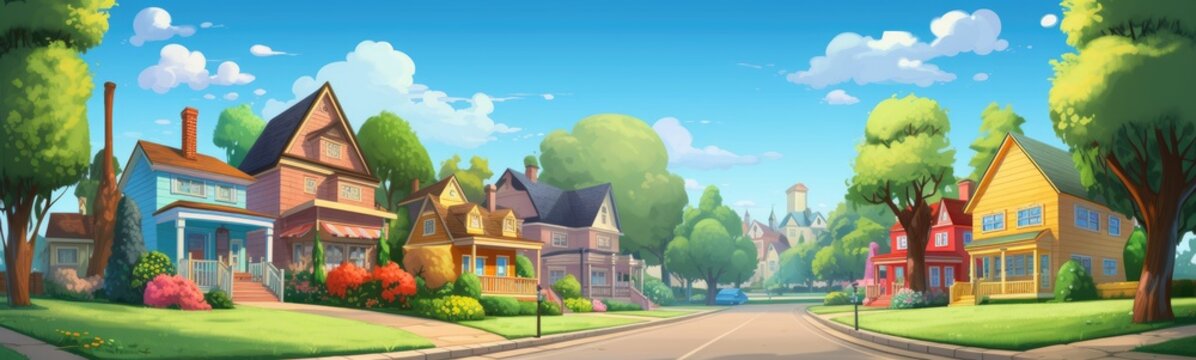 Fototapeta cartoon style house with houses and trees in the town Generative AI