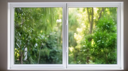 Freshly installed plastic PVC window with a white metal frame in a contemporary home, capturing a blurred background of lush green trees. An advertising concept portraying modern architecture