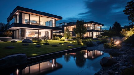 Fototapeta na wymiar Nighttime panorama capturing a modern home's exterior and interior lighting, showcasing architectural features under the evening glow