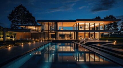Nighttime panorama capturing a modern home's exterior and interior lighting, showcasing architectural features under the evening glow