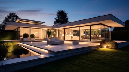Fototapeta premium Nighttime panorama capturing a modern home's exterior and interior lighting, showcasing architectural features under the evening glow