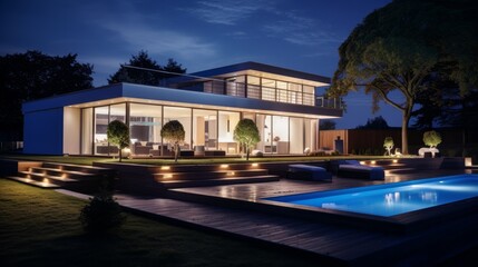 Obraz na płótnie Canvas Nighttime panorama capturing a modern home's exterior and interior lighting, showcasing architectural features under the evening glow