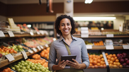 Smiling female supermarket employee in an apron is holding a tablet, standing in the produce section with fruits and vegetables in the background. - obrazy, fototapety, plakaty