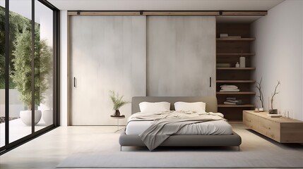 minimalist bedroom with a sliding barn door wardrobe and under-bed storage - obrazy, fototapety, plakaty