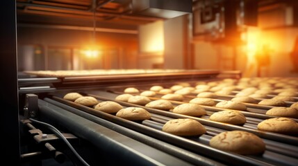 biscuits in the making, raw dough on a conveyor.