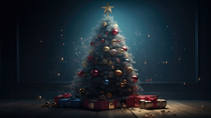 Christmas and New years eve Background. Magic Glowing Christmas Tree. Amazing Christmas celebration, Chrismas tree decoration - obrazy, fototapety, plakaty