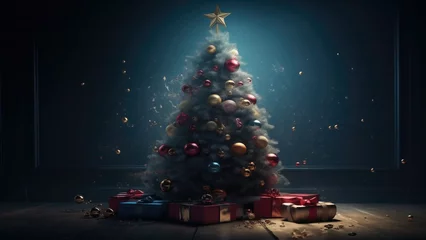 Fotobehang Christmas and New years eve Background. Magic Glowing Christmas Tree. Amazing Christmas celebration, Chrismas tree decoration © Intel