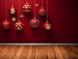 Christmas Ornaments Hanging Against Festive Red Background