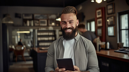 Cheerful tattooed male barber with a beard and a fashionable hairstyle holding tablet against barbershop in the background - obrazy, fototapety, plakaty