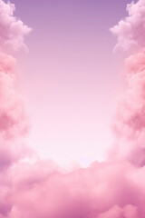 Fototapeta premium Natural frame made of fluffy white clouds on pink sky background. Flat lay, copy space. free space for text