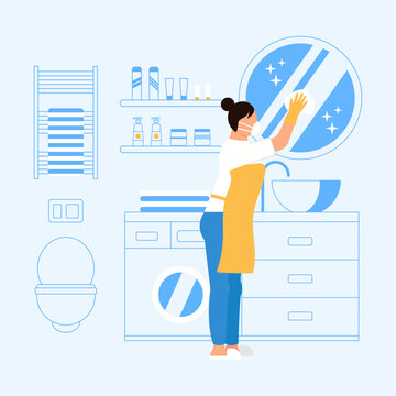 Woman cleans an apartment.Girl in a respirator washes the mirror in the toilet, observing safety techniques. Light blue interior on the background. Of the cleaning process concept. Vector illustration