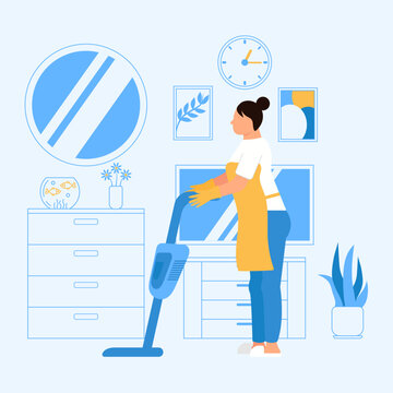 Woman cleans the apartment. The girl vacuums the carpet in the bedroom. Light blue interior on background Housekeeping process concept. Vector illustration.