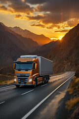 Obraz premium Loaded European truck on motorway in red, orange sunset light. On the road transportation and cargo.