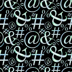 Seamless pattern of hand drawn watercolor Email address sign Arobas, hashtag, Percentage sign, ampersand illustration. Lettering on a black background.