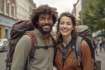 Adventure Smiles: Interracial Backpacking Couple Poses on a Serene Street