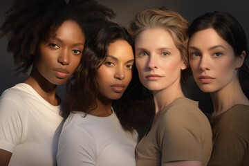 Obraz premium Diverse Harmony: Hyperrealistic Studio Portrait of Four Beautiful Young Women