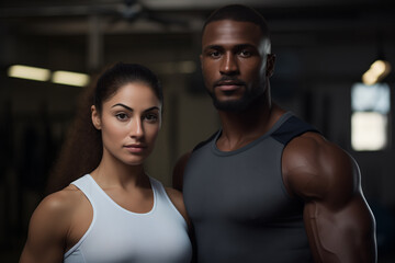 Fototapeta na wymiar Empowered Unity: Interracial Duo Radiates Confidence and Strength in Gym Portrait
