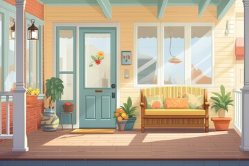 spacious porch of a craftsman house with a bright door, magazine style illustration