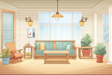 spacious craftsman porch with traditional outdoor furniture, magazine style illustration